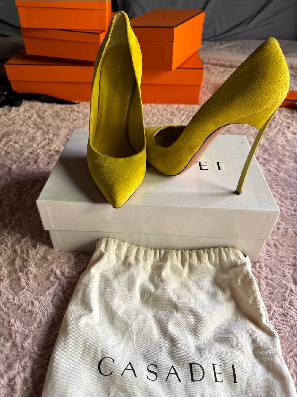 Casadei Yellow Suede Pointed-Toe Stiletto Pumps